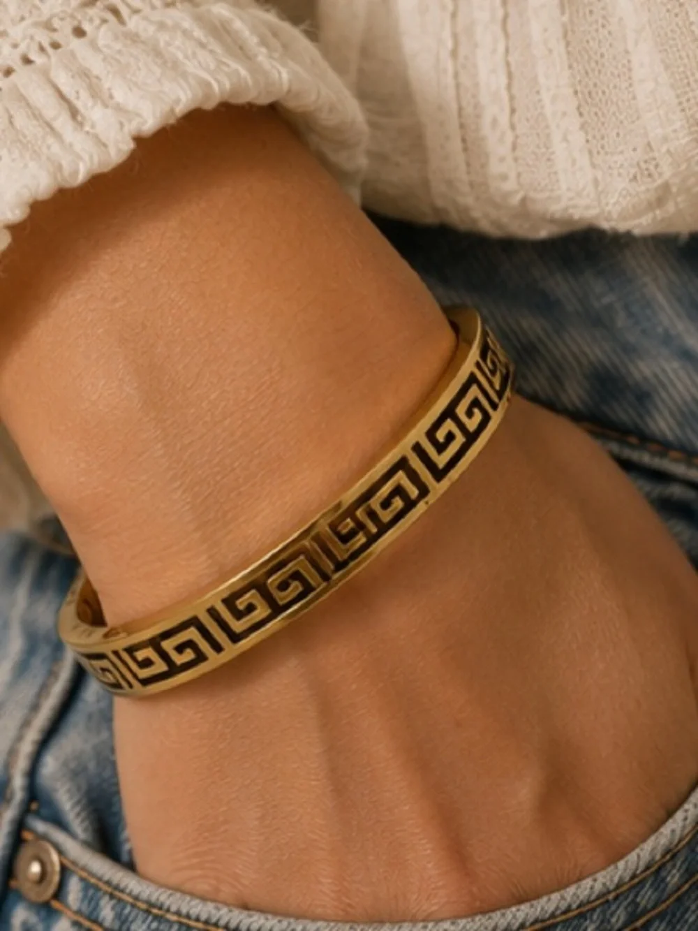 Designer Inspired Greek Key Gold Hinge Bangle | 💦Waterproof